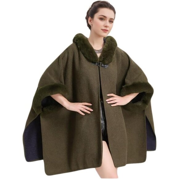 Sweaters - HOT Women's Luxury Batwing Sleeve Faux Fur Cape-Army Green